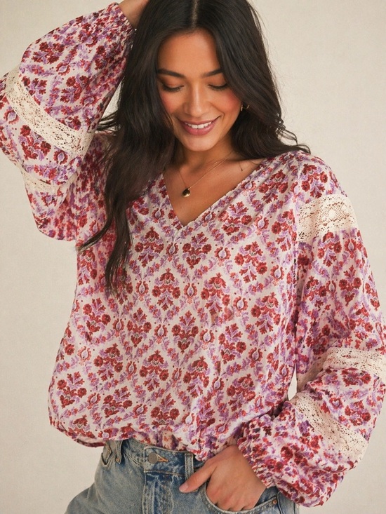 Anthropologie Tops - ANTHROPOLOGIE Eze Sur Mer Floral Lace Sleeve Boho Blouse Size Large
